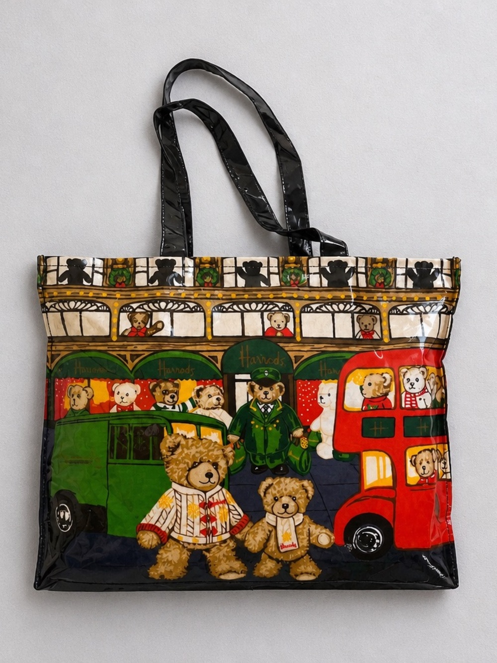 Harrods London Teddy Bear Shopper Tote Bag | Iconic Double Decker Bus Print